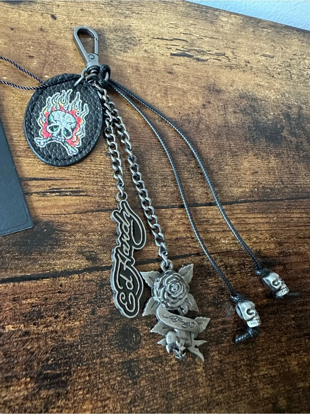 Ed Hardy Black Faux Leather & Metal Skull & Rose Keychain Bag Charm NWT